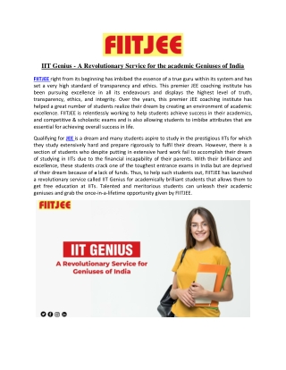 IIT Genius - A Revolutionary Service for the academic Geniuses of India