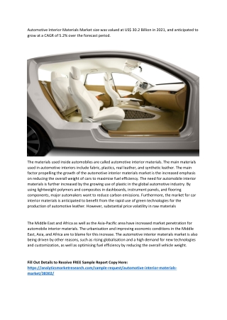 Automotive Interior Materials Market Statistics, Segment, Trends and Forecast