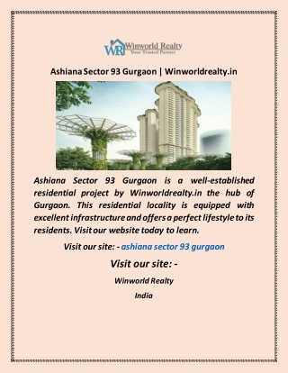 Ashiana Sector 93 Gurgaon  Winworldrealty in