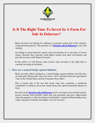 Is It The Right Time To Invest In A Farm For Sale In Delaware