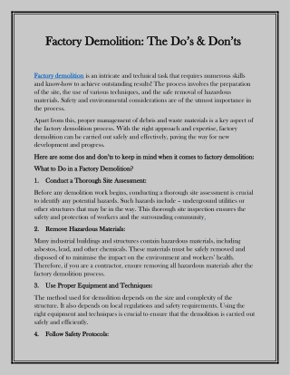 Factory Demolition The Dos and Donts