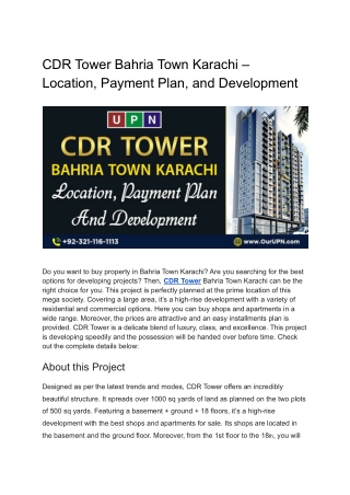 CDR Tower Bahria Town Karachi – Location, Payment Plan, and Development