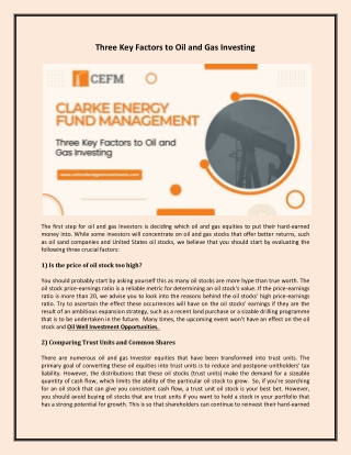 Three Key Factors to Oil and Gas Investing