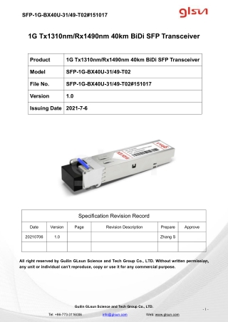 1G Tx1310nm/Rx1490nm 40km BiDi SFP Transceiver