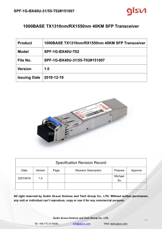 1000BASE TX1310nm/RX1550nm 40KM SFP Transceiver