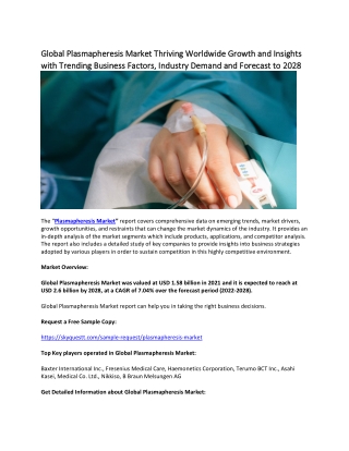 Global Plasmapheresis Market Thriving Worldwide Growth and Insight with Trending