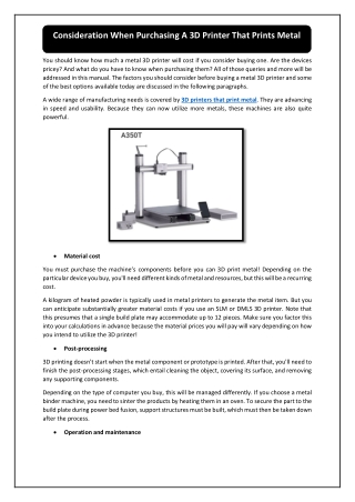 Consideration When Purchasing A 3D Printer That Prints Metal