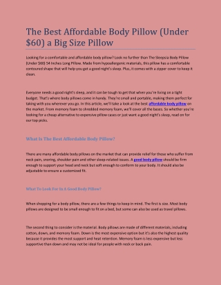 The Best Affordable Body Pillow (Under Dollar 60) a Big Size Pillow