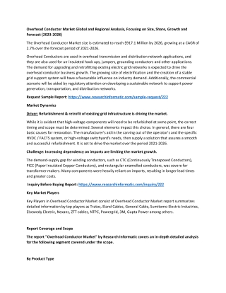 Overhead Conductor Market Global and Regional Analysis, Focusing on Size, Share,