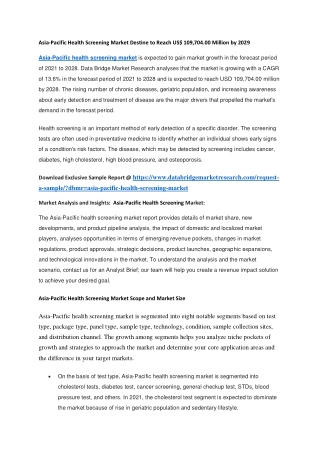 Asia-Pacific Health Screening Market Destine to Reach US 109,704.00 Million by 2029