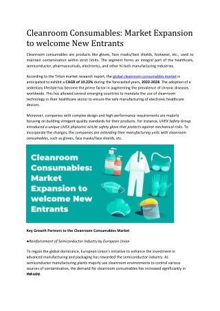 Cleanroom Consumables: Market Expansion to welcome New Entrants