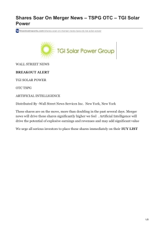 Shares Soar On Merger News – TSPG OTC – TGI Solar Power