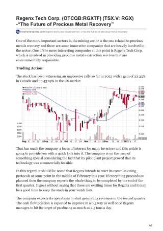 Regenx Tech Corp. (OTCQB-RGXTF) (TSX.V- RGX) -“The Future of Precious Metal Recovery”