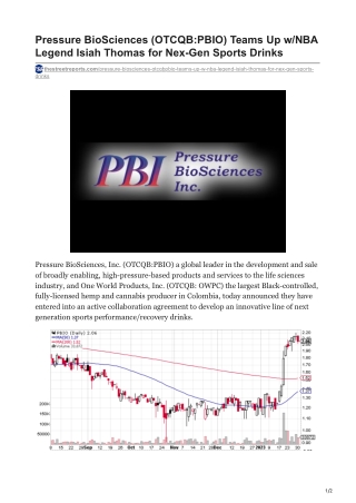 Pressure BioSciences OTCQBPBIO Teams Up wNBA Legend Isiah Thomas for Nex-Gen Sports Drinks