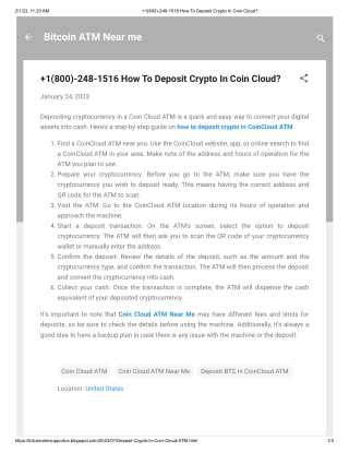 1(800)-248-1516 How To Deposit Crypto In Coin Cloud?