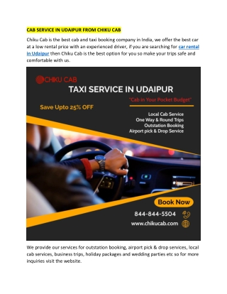 CAB SERVICE IN UDAIPUR FROM CHIKU CAB