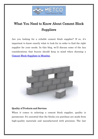 Cement Block Suppliers in Mumbai | Call  91 8484930580 | Metco Block