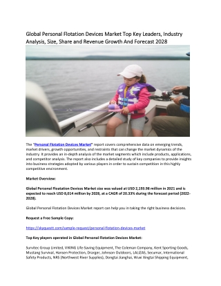 Global Personal Flotation Devices Market Top Key Leaders, Industry Analysis.