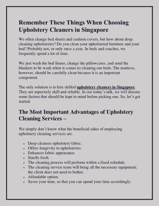 Remember These Things When Choosing Upholstery Cleaners in Singapore