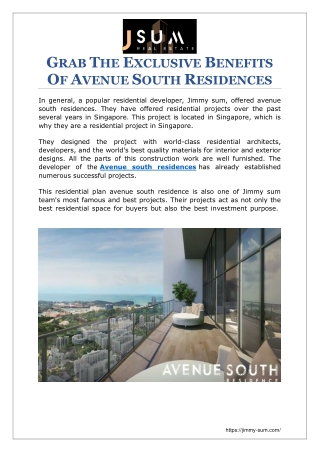 GRAB THE EXCLUSIVE BENEFITS OF AVENUE SOUTH RESIDENCES