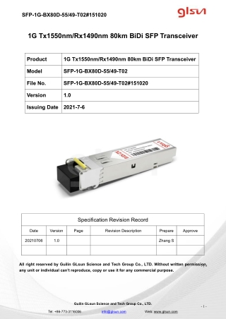 1G Tx1550nm/Rx1490nm 80km BiDi SFP Transceiver