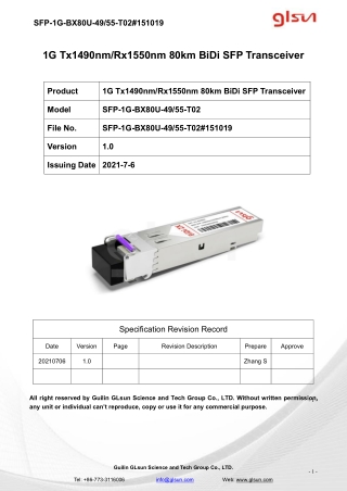 1G Tx1490nm/Rx1550nm 80km BiDi SFP Transceiver