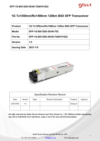 1G Tx1550nm/Rx1490nm 120km BiDi SFP Transceiver