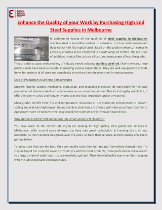 Enhance the Quality of your Work by Purchasing High End Steel Supplies in Melbourne