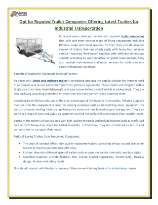 Opt for Reputed Trailer Companies Offering Latest Trailers for Industrial Transportation