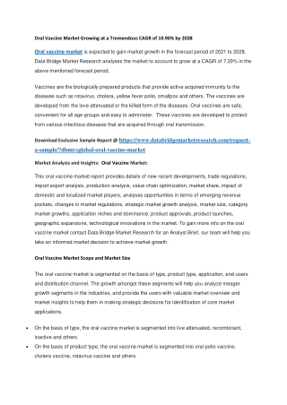 Oral Vaccine Market Growing at a Tremendous CAGR of 10.90 by 2028