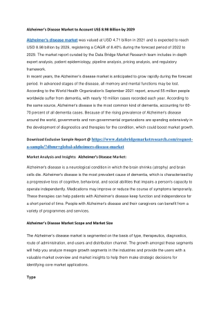 Alzheimer’s Disease Market to Account US 8.98 Billion by 2029
