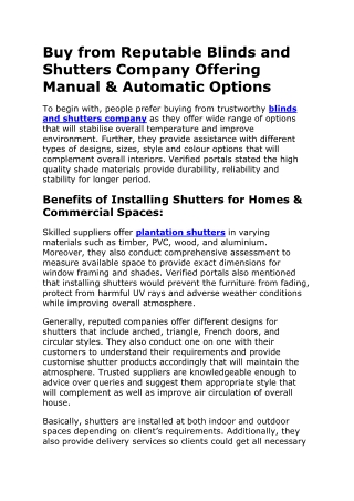 Buy from Reputable Blinds and Shutters Company Offering Manual And Automatic Options