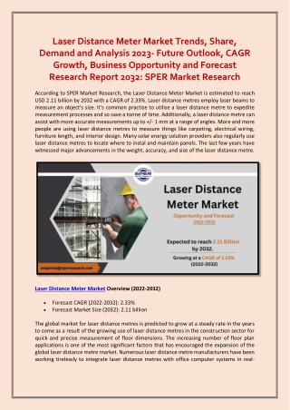 Laser Distance Meter Market Trends, Share, Demand and Analysis 2022-2032