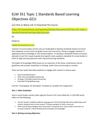 ELM 351 Topic 1 Standards Based Learning Objectives GCU