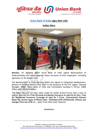 Union Bank of India signs MoU with Indian Navy