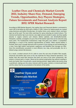 Leather Dyes and Chemicals Market Growth, Trends 2022-2032: SPER Market Research
