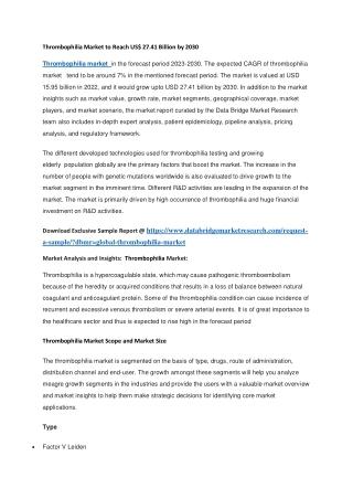 Thrombophilia Market to Reach US 27.41 Billion by 2030