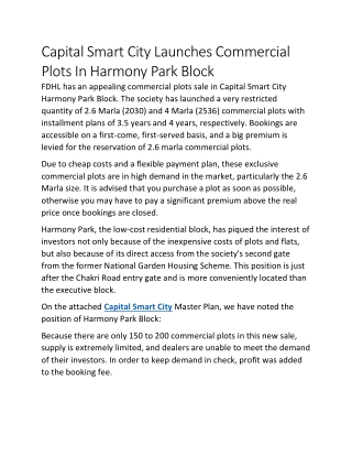 Capital Smart City Launches Commercial Plots In Harmony Park Block