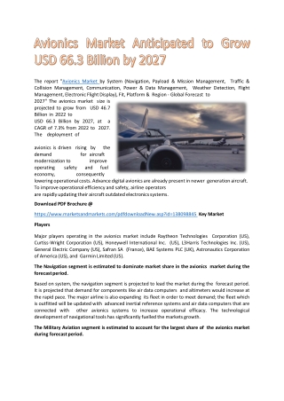 Avionics Market Anticipated To Grow USD 66.3 Billion by 2027