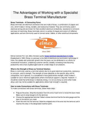 The Advantages of Working with a Specialist Brass Terminal Manufacturer