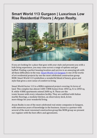 Smart World 113 Gurgaon | Luxurious Low Rise Residential Floors | Aryan Realty.