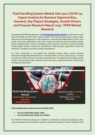 Fluid Handling System Market Size, Share, Growth 2022-2032: SPER Market Research