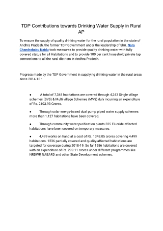 TDP Contributions towards Drinking Water Supply in Rural AP