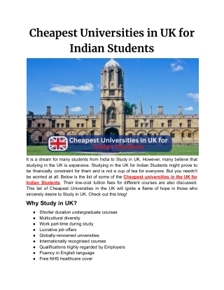 Cheapest Universities in UK for Indian Students