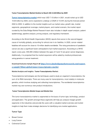 Tumor Transcriptomics Market Destine to Reach US 15.84 Billion by 2029