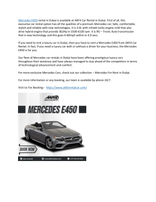 Mercedes E450 Luxury Rental Car - AKFA Car Rental Dubai