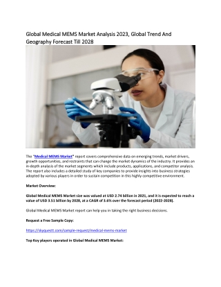 Global Medical MEMS Market Analysis 2023, Global Trend And Geography Forecast.