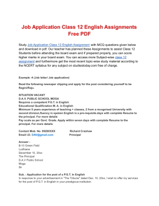 Job Application Class 12 English Assignment Free PDF