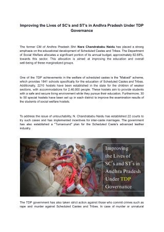 Improving the Lives of SC’s and ST’s in Andhra Pradesh Under TDP Governance
