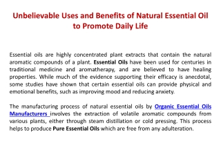 Unbelievable Uses and Benefits of Natural Essential Oil to Promote Daily Life